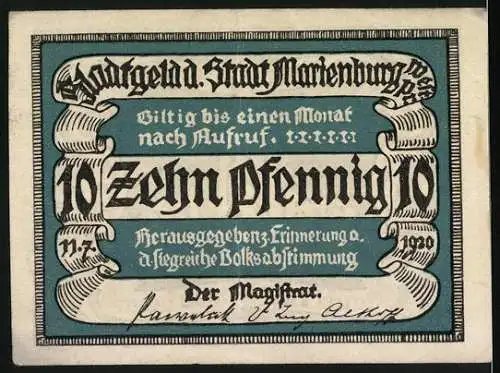 Notgeld Marienburg, 1920, 10 Pfennig, Gültig bis einen Monat nach Aufruf, Erinnerung an Volksabstimmung, Kirche und Men