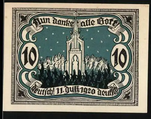 Notgeld Marienburg 1920, 10 Pfennig, Jubiläum der Volksabstimmung mit Turm und Menschenmenge