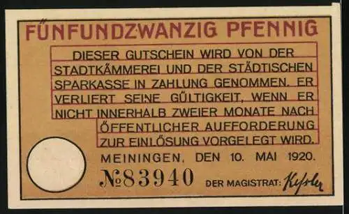 Notgeld Meiningen, 1920, 25 Pfennig, Stadtansicht und Gebäude, Seriennummer 83940