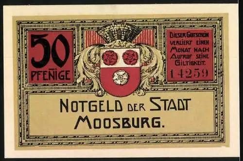 Notgeld Moosburg, 50 Pfennig, Stadtansicht und Stadtwappen, Druck J. Pichlmayr