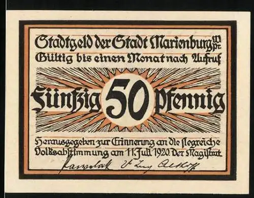Notgeld Marienburg, 1920, 50 Pfennig, Glocken und Gebäude, Erinnerung an Volksabstimmung 1920