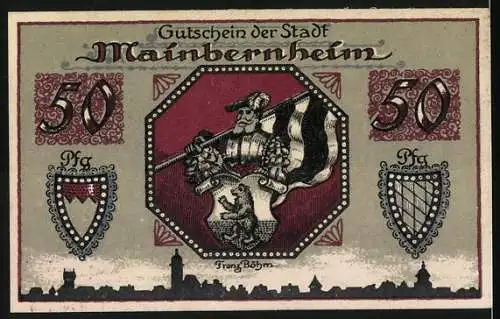 Notgeld Mainbernheim, 1920, 50 Pfennig, Stadtansicht und Ritter mit Flagge