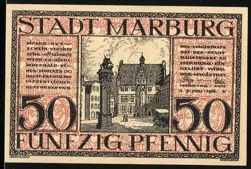 Notgeld Marburg, 1921, 50 Pfennig, Stadtansicht und Ritter auf Pferd