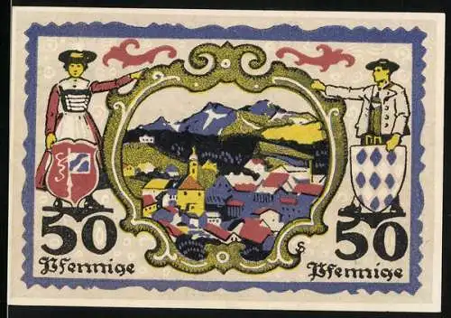 Notgeld Miesbach, 1920, 50 Pfennig, Stadtansicht mit Bergen im Hintergrund und Trachtenfiguren