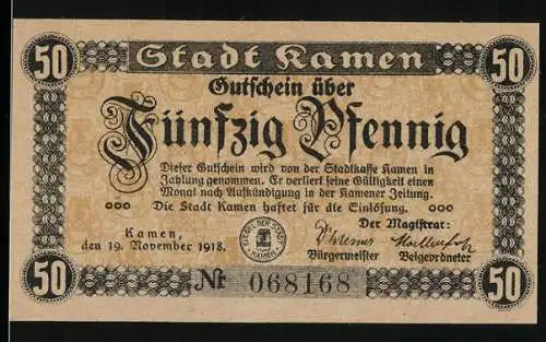 Notgeld Kamen, 1918, 50 Pfennig, Gutschein über Fünfzig Pfennig, Stadt Kamen, Nr. 068168