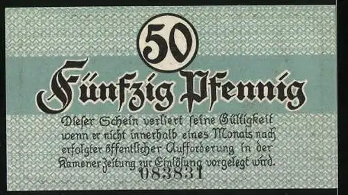 Notgeld Kamen, 1920, 50 Pfennig, Illustration einer Kirche und Text in Frakturschrift