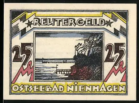 Notgeld Ostseebad Nienhagen, 1921, 25 Pfennig, Reutergeld mit Küsten- und Strandmotiv in farbiger Ausführung