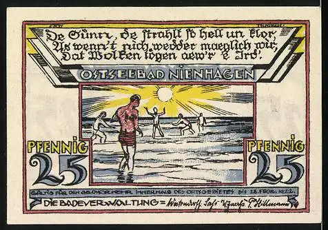 Notgeld Ostseebad Nienhagen, 1921, 25 Pfennig, Reutergeld mit Küsten- und Strandmotiv in farbiger Ausführung