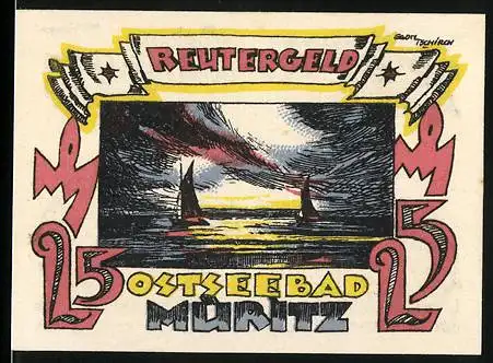 Notgeld Ostseebad Müritz, 1921, 25 Pfennig, Reutergeld mit Segelboot und Gedicht auf der Rückseite