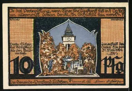 Notgeld Lübtheen, 10 Pfennig, Gebäude und Turmansicht mit Text, Reutergeld