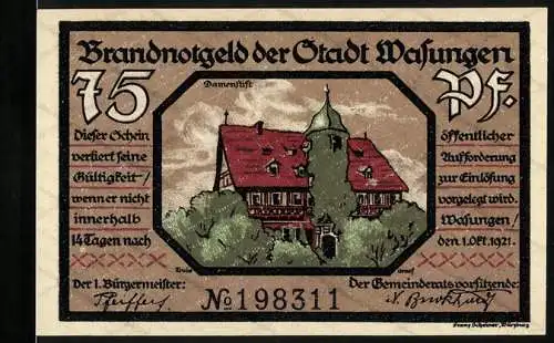 Notgeld Wasungen 1921, 75 Pf, Vorderseite zeigt das Damenstift und Rückseite die Stadt in Flammen