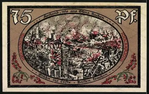 Notgeld Wasungen 1921, 75 Pf, Vorderseite zeigt das Damenstift und Rückseite die Stadt in Flammen