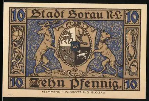 Notgeld Sorau 1921, 10 Pfennig, Stadtwappen und Stadtansicht mit Türmen