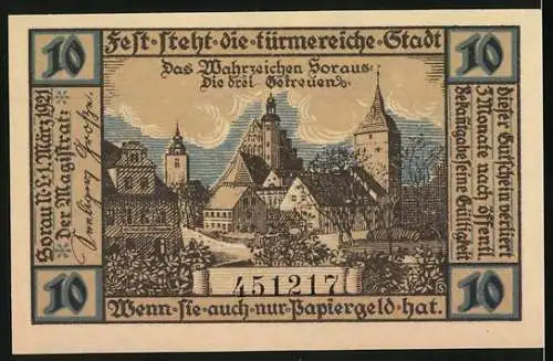 Notgeld Sorau 1921, 10 Pfennig, Stadtwappen und Stadtansicht mit Türmen