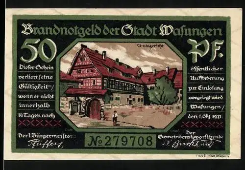 Notgeld Wasungen 1921, 50 Pfennig, Stadtansicht und Zerstörungsdarstellung