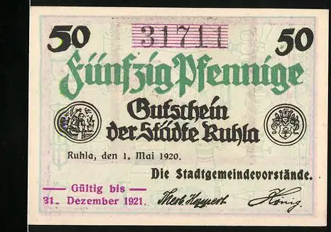 Notgeld Ruhla 1920, 50 Pfennig, Gutschein der Stadt Ruhla, gültig bis 31. Dezember 1921, Landschaftsmotiv mit Gedicht