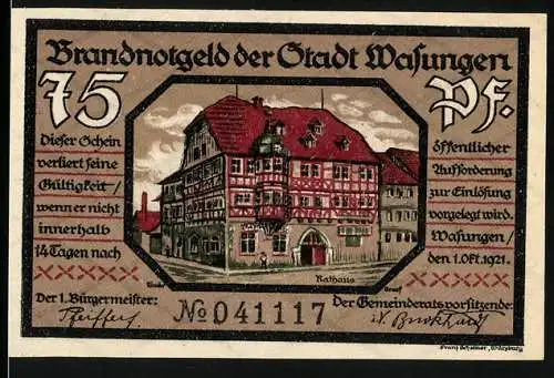 Notgeld Wasungen 1921, 75 Pf, Rathaus und Brandruine