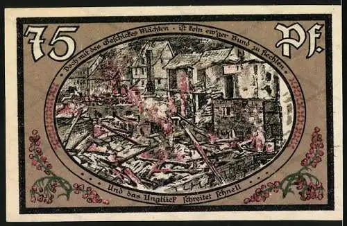 Notgeld Wasungen 1921, 75 Pf, Rathaus und Brandruine