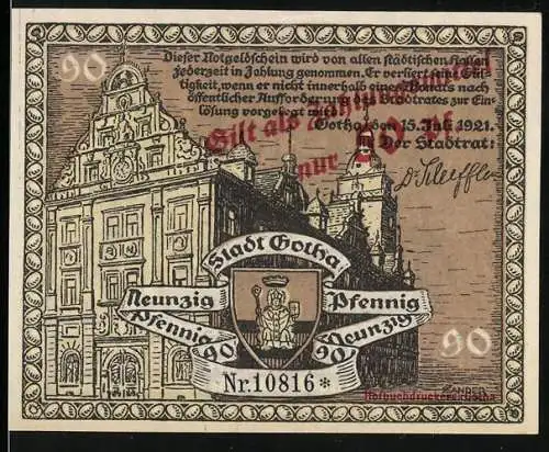 Notgeld Gotha, 1921, 90 Pfennig überstempelt zu 50 Pfennig, Gebäude und Wappen, Abt und Frommer