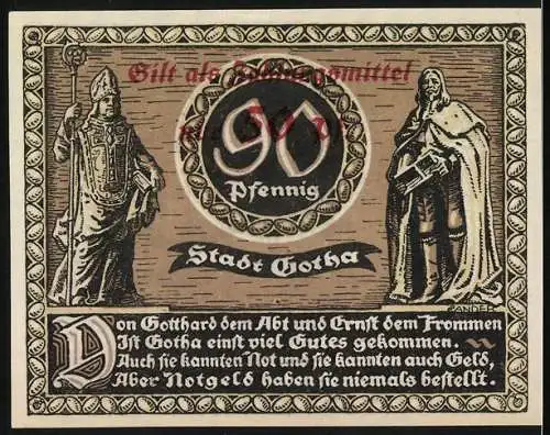 Notgeld Gotha, 1921, 90 Pfennig überstempelt zu 50 Pfennig, Gebäude und Wappen, Abt und Frommer