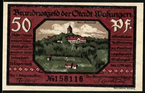 Notgeld Wasungen 1921, 50 Pf, Burgruine Marienluft und Feuersbrunst