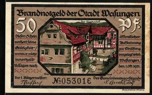 Notgeld Wasungen, 1921, 50 Pf, Vorderseite zeigt den Weyhenhof, Rückseite zeigt Brandtrümmer einer Stadt