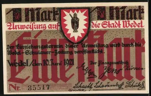 Notgeld Wedel 1921, 1 Mark, Darstellung von Landwirten bei der Arbeit und Stadtsiegel