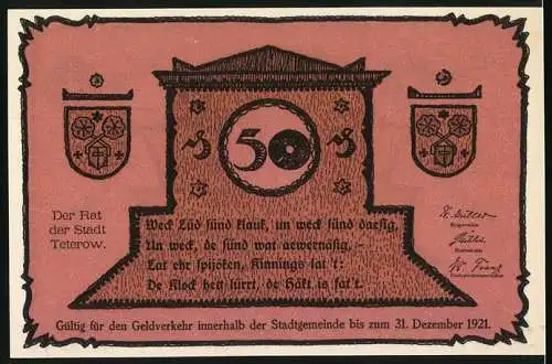 Notgeld Teterow, 1921, 50 Pfennig, Brunnen und Stadtwappen