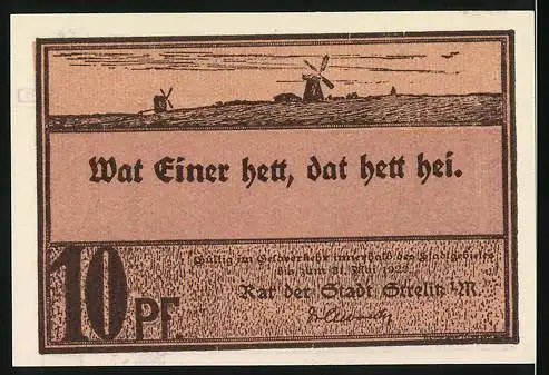 Notgeld Strelitz i.M., 10 Pf, Reutergeld der Stadt, Häuserreihe und Spruch Wat Einer hett, dat hett hei, Windmühle