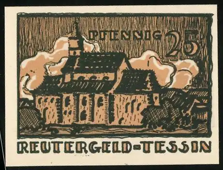 Notgeld Tessin, 1922, 25 Pfennig, Kirche und Windmühle, Gültig bis 31. Mai 1922