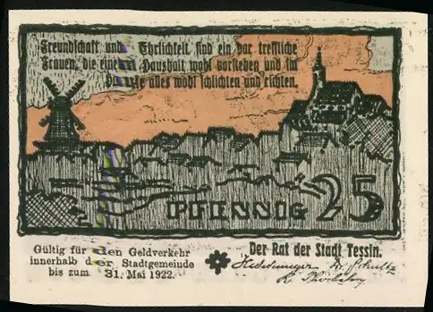 Notgeld Tessin, 1922, 25 Pfennig, Kirche und Windmühle, Gültig bis 31. Mai 1922