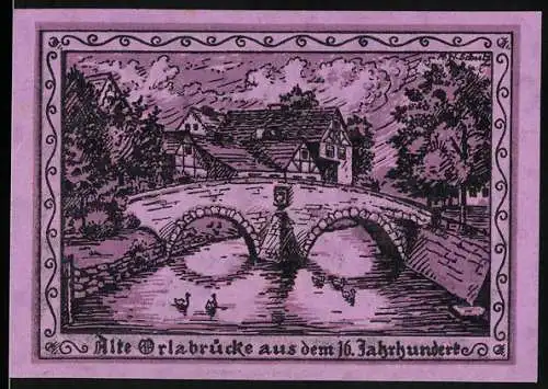 Notgeld Oppurg, 1921, 25 Pfennig, Alte Orlabrücke aus dem 16. Jahrhundert, Dorf Gemeinde Oppurg