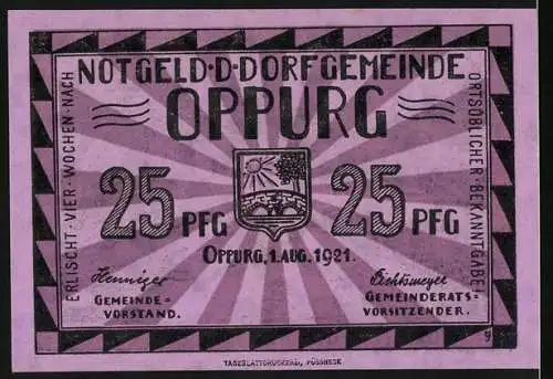 Notgeld Oppurg, 1921, 25 Pfennig, Alte Orlabrücke aus dem 16. Jahrhundert, Dorf Gemeinde Oppurg