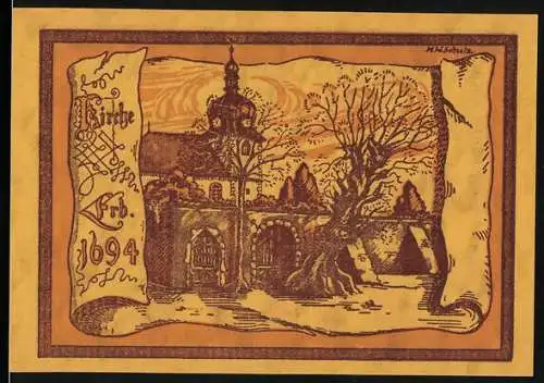 Notgeld Oppurg, 1921, 50 Pfennig, Darstellung einer Kirche und Gemeindewappen in der Mitte