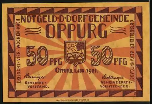 Notgeld Oppurg, 1921, 50 Pfennig, Darstellung einer Kirche und Gemeindewappen in der Mitte