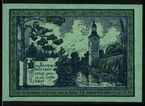 Notgeld Oppurg, 1921, 75 Pfennig, Schlosssturm aus dem 13. Jahrhundert und Gemeindewappen