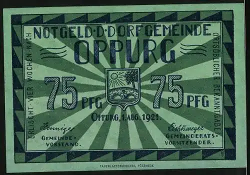 Notgeld Oppurg, 1921, 75 Pfennig, Schlosssturm aus dem 13. Jahrhundert und Gemeindewappen