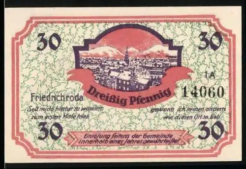 Notgeld Friedrichroda, 30 Pfennig, Stadtansicht und Stadtwappen, grün-rot, Seriennummer 14060