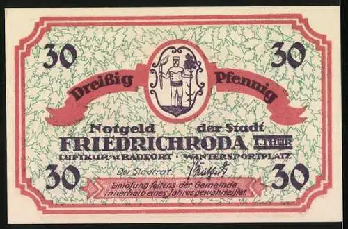 Notgeld Friedrichroda, 30 Pfennig, Stadtansicht und Stadtwappen, grün-rot, Seriennummer 14060