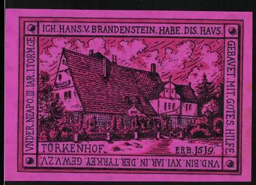 Notgeld Oppurg, 1921, 50 Pfennig, Dorf Gemeinde, Vorderseite mit Gebäude, Rückseite mit Text und Wappen