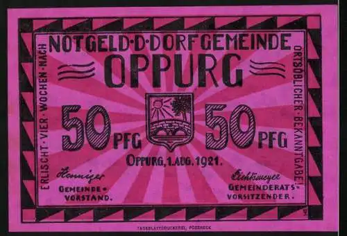 Notgeld Oppurg, 1921, 50 Pfennig, Dorf Gemeinde, Vorderseite mit Gebäude, Rückseite mit Text und Wappen