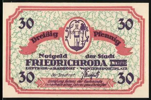 Notgeld Friedrichroda, 30 Pfennig, Ansicht der Stadt und Stadtwappen, 1920