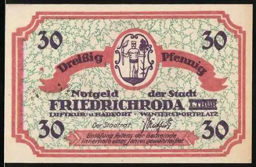 Notgeld Friedrichroda, 1921, 30 Pfennig, Illustration eines Mannes mit Weinstock und Stadtansicht