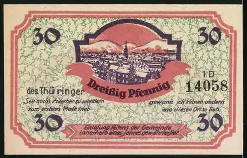 Notgeld Friedrichroda, 1921, 30 Pfennig, Illustration eines Mannes mit Weinstock und Stadtansicht