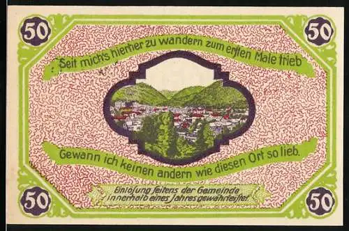 Notgeld Friedrichroda, 1921, 50 Pfennig, Stadtansicht und Wappen der Stadt