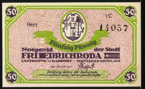 Notgeld Friedrichroda, 1921, 50 Pfennig, Stadtansicht und Wappen der Stadt