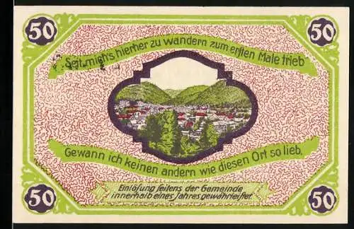 Notgeld Friedrichroda, 1921, 50 Pfennig, Stadtansicht mit Landschaft und Stadtwappen