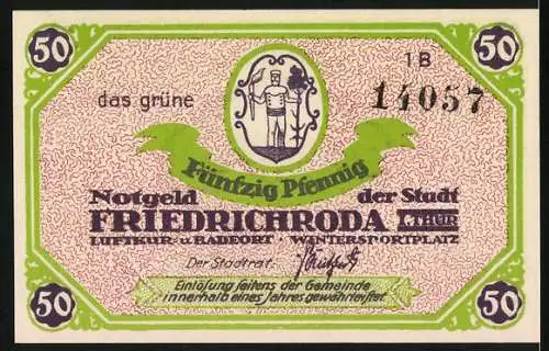 Notgeld Friedrichroda, 1921, 50 Pfennig, Stadtansicht mit Landschaft und Stadtwappen