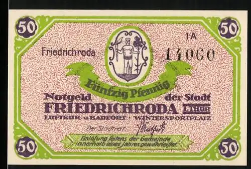 Notgeld Friedrichroda, 1.1.1921, 50 Pfennig, grüne und lila Verzierung, Stadtwappen und Landschaftsbild