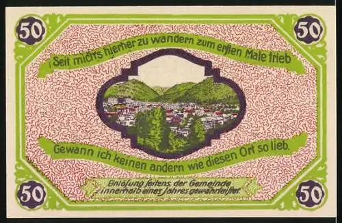 Notgeld Friedrichroda, 1.1.1921, 50 Pfennig, grüne und lila Verzierung, Stadtwappen und Landschaftsbild